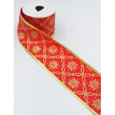 2.5 Inch Wired Christmas Ribbon with Gold Metallic Floral Motif on Red Satin, 2-1/2 In. X 10 Yds (Lot of 1 Spool) SALE ITEM